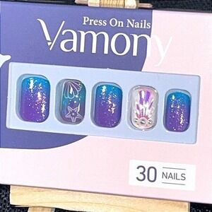 Vamony Mermaid Press On Purple Blue Glitter Shell Starfish Beach Nails 30pcs
